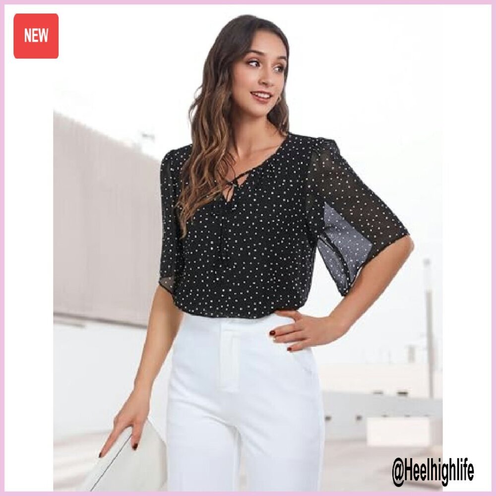 Chiffon Bell Sleeve Blouse Business Casual Top Office Wear - Picture 3 of 6